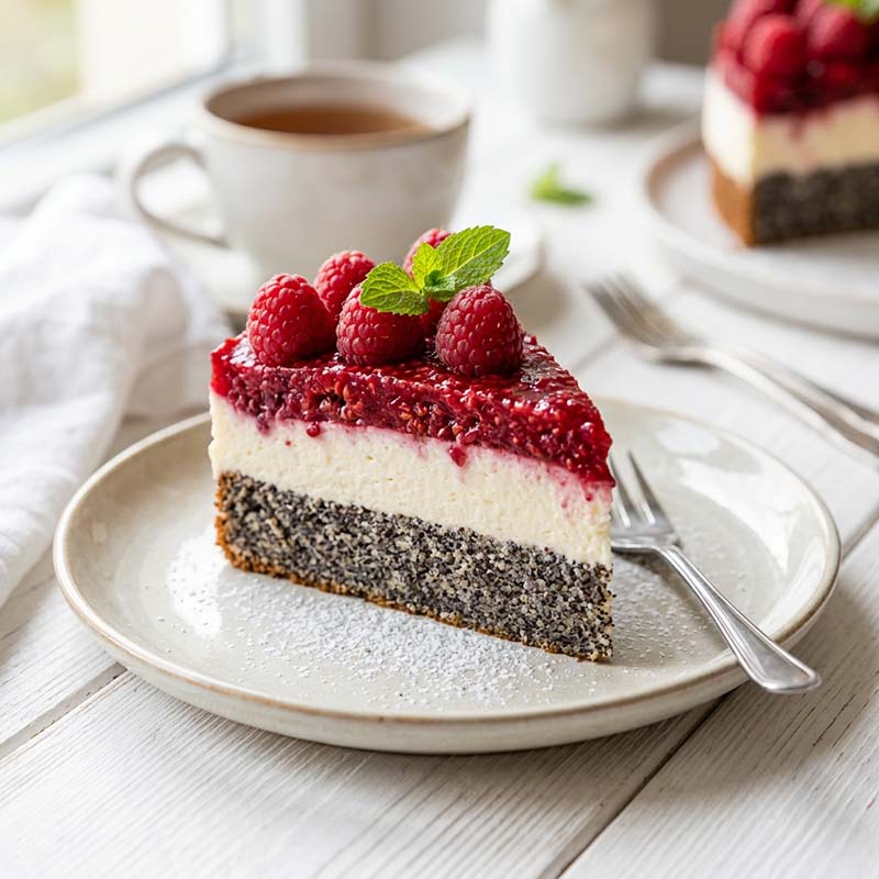 Mehr Informationen zum Thema: DessertMohn-Topfen-Himbeertorte